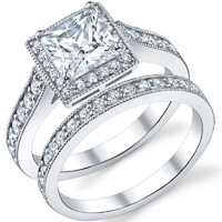 Princes Cut Diamond Halo Ring With Matching Band